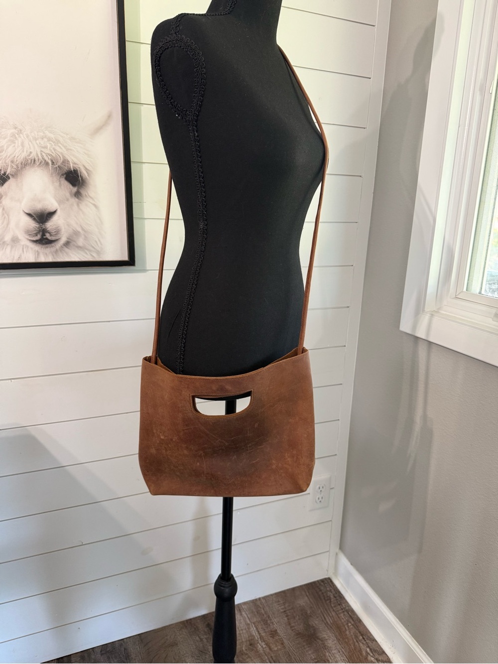 ABLE Leather Cutout Handle Shoulder Bag Cognac Brown Distressed Crossbody Purse